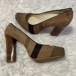 Calvin Klein Gabbey Brown Suede Pumps Color Block Stacked Heel Shoes